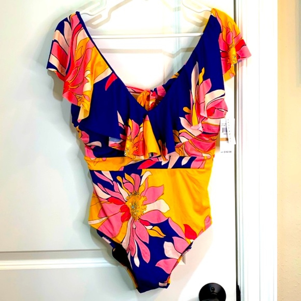 Trina Turk Breeze V-Neck Ruffle One Piece Bathing Suit Size 12 NWT